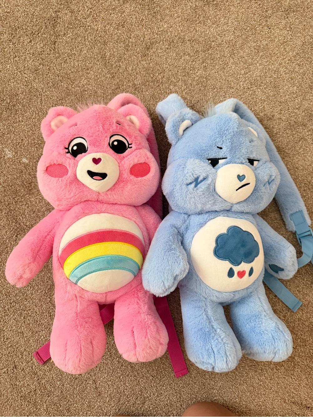 Care Bears Pink Rainbow & Blue Storm Plush Backpack Pair